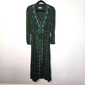 Natural Life Brae Midi Dress Womens M Forest Green Embroidered Boho Cottagecore
